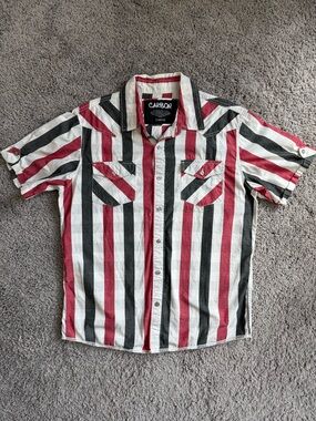 CARBON Short-Sleeve Vertical Stripe Button-Up Shirt - Red, Black, White